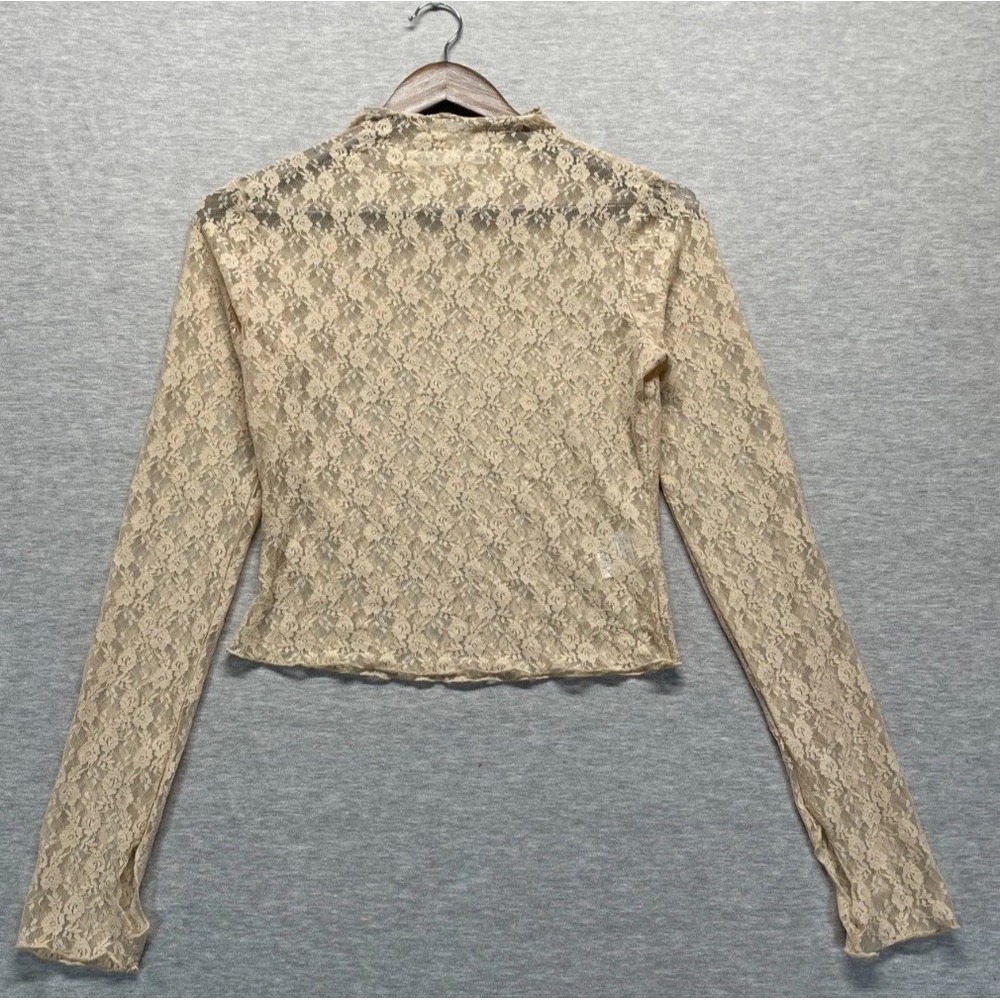Womens XS Sheer Floral Lace Crop Blouse Top Beige Nylon Stretch Thumbholes